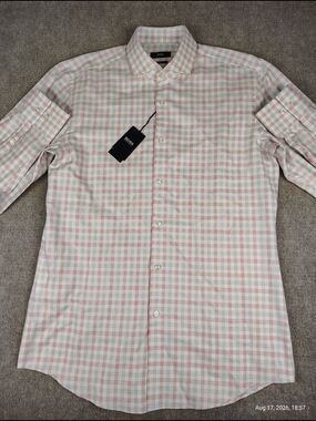 $138 Men's Hugo Boss Long Sleeve Plaid Dark Pink Slim Fit Cotton Shirt Sz 16/41